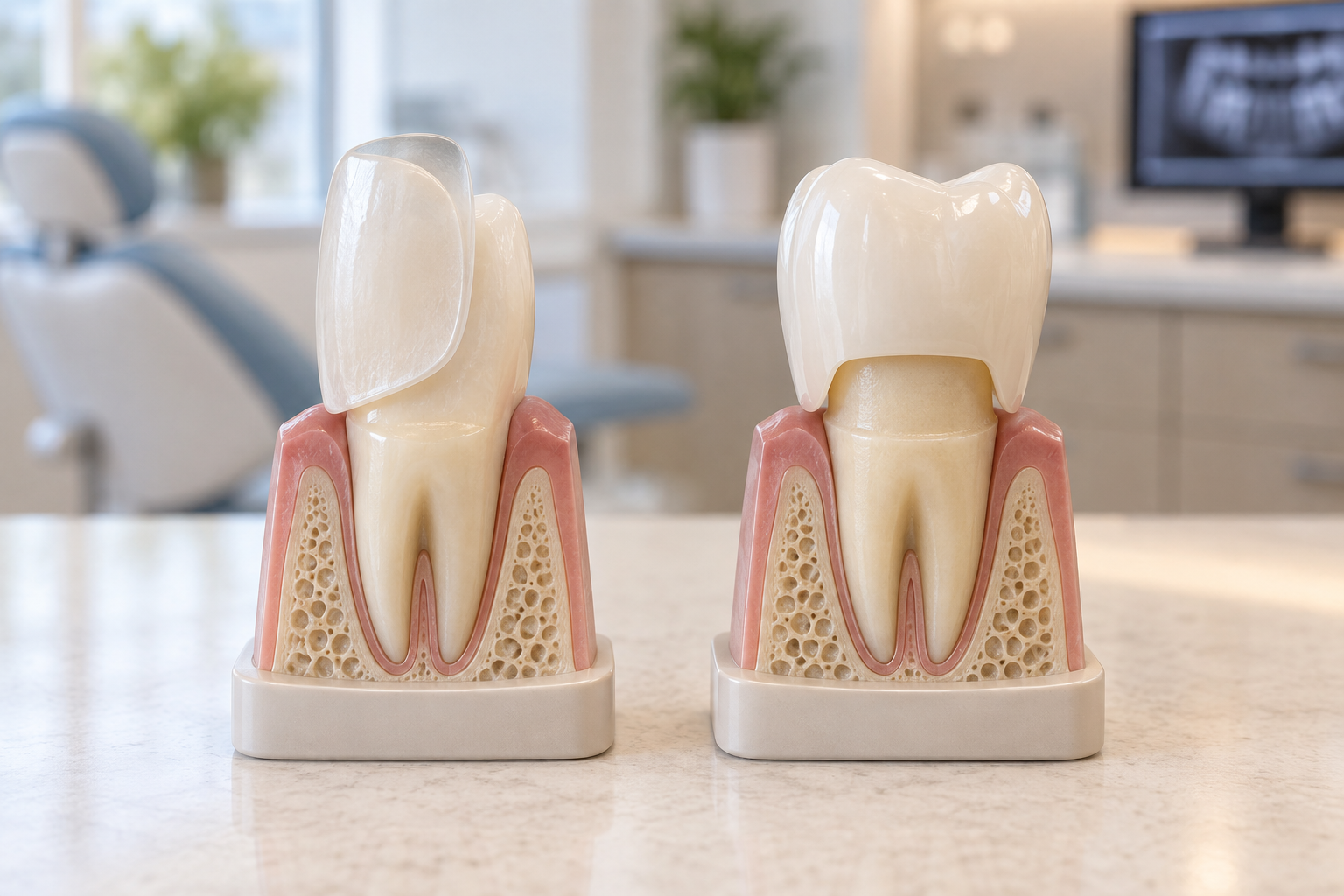 Dental models comparing a thin porcelain veneer covering the front of a tooth with a full ceramic crown covering a prepared tooth.